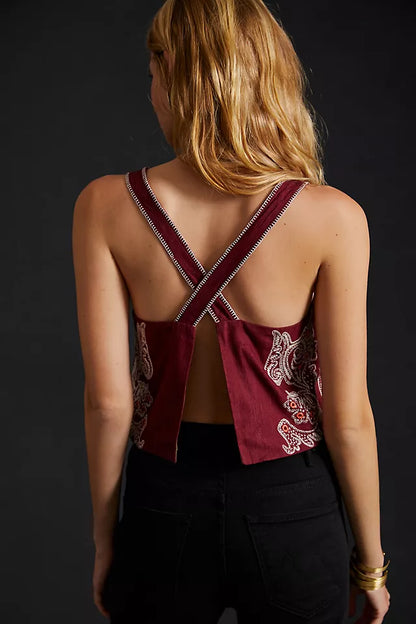 Anthropologie Maroon Embroidered Open Back Tank - XXS