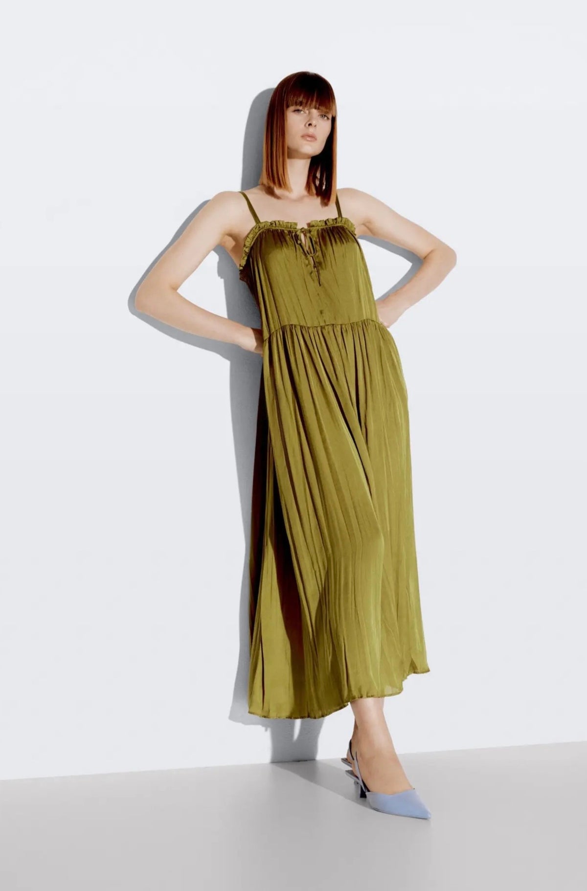 Zara Green Satin Ruffle Midi Dress - Medium
