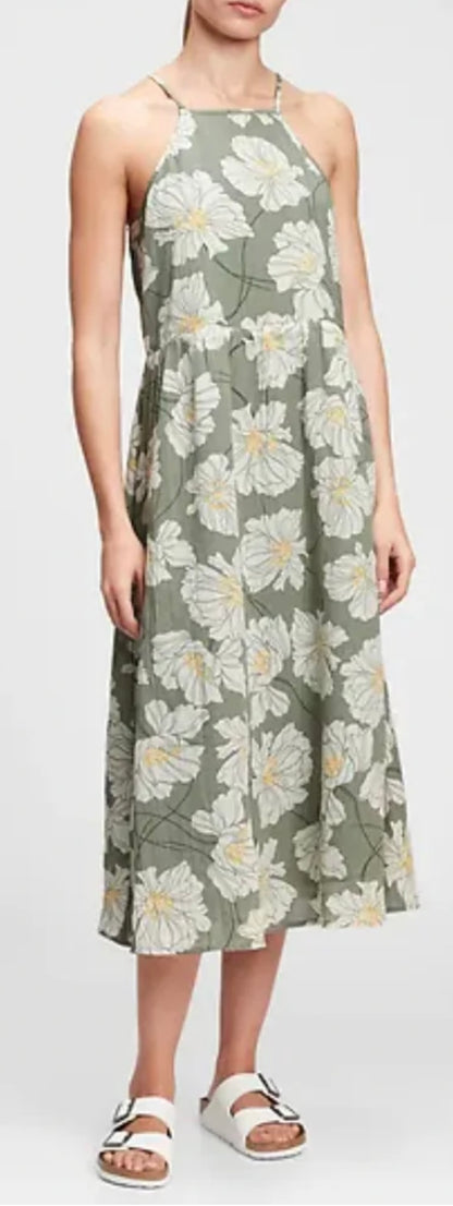 Gap Green Floral Midi Linen Dress - Large
