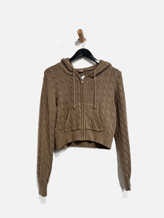 John Galt Brown Cropped Cable Knit Hoodie