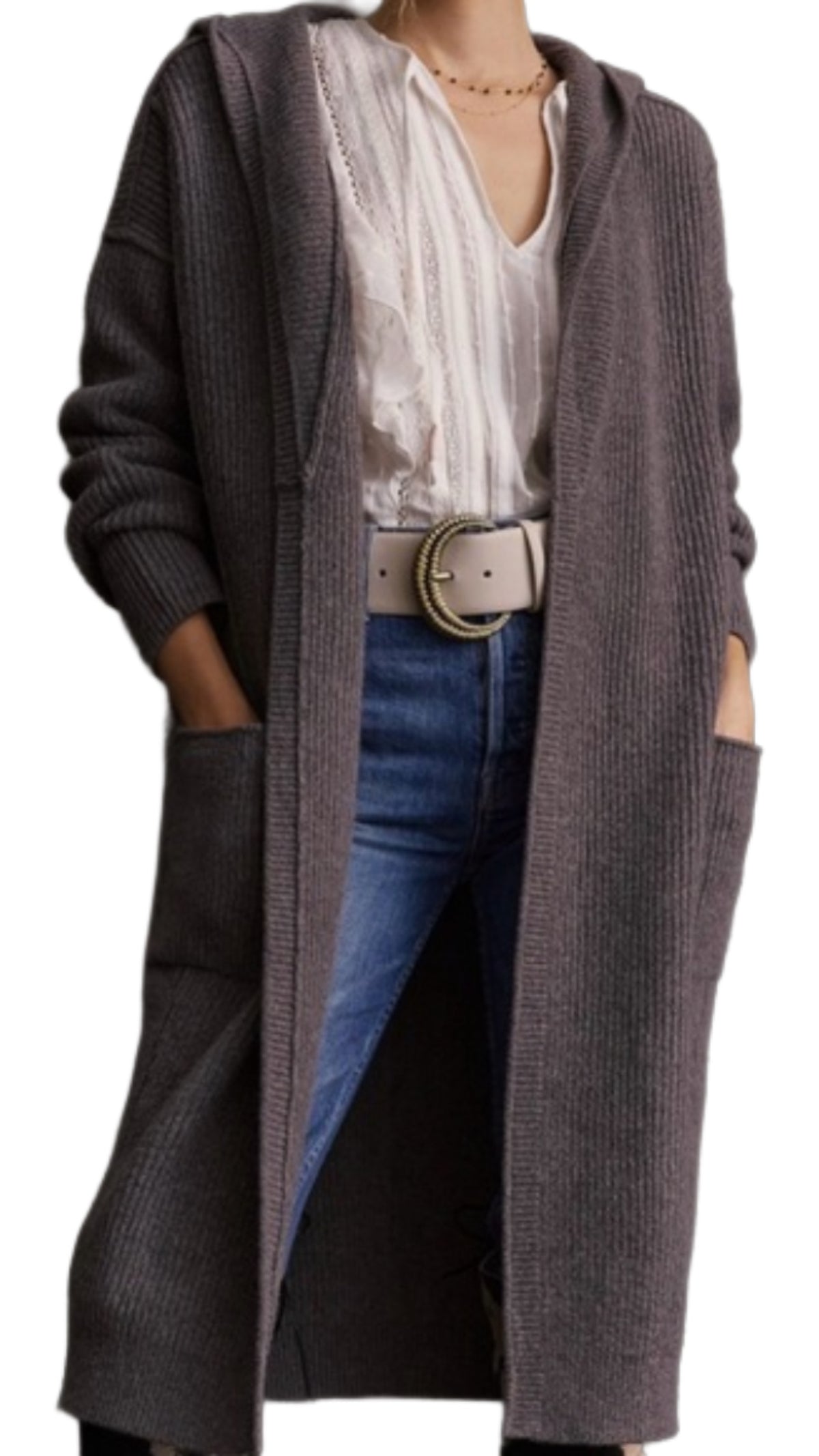Anthropologie Pilcro Gray Ribbed Hooded Duster - Large