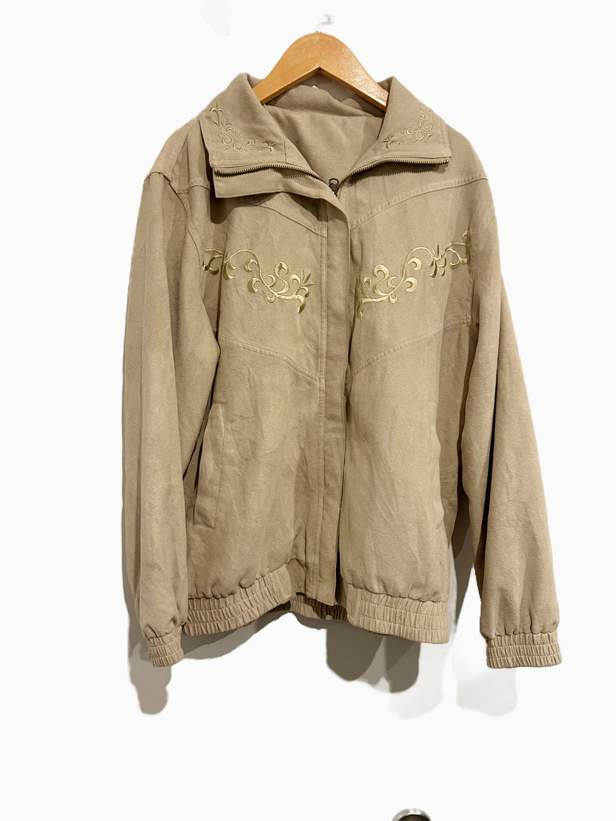 Tan Faux Suede Embroidered Bomber Jacket