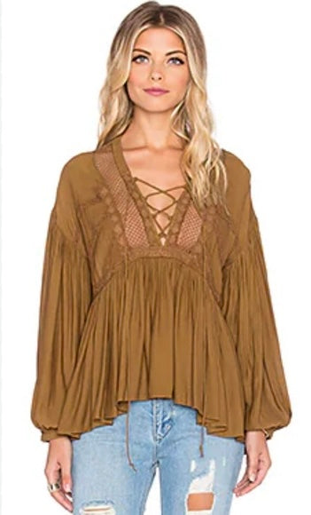 Free People Brown Lace Inset Swing Top - XS
