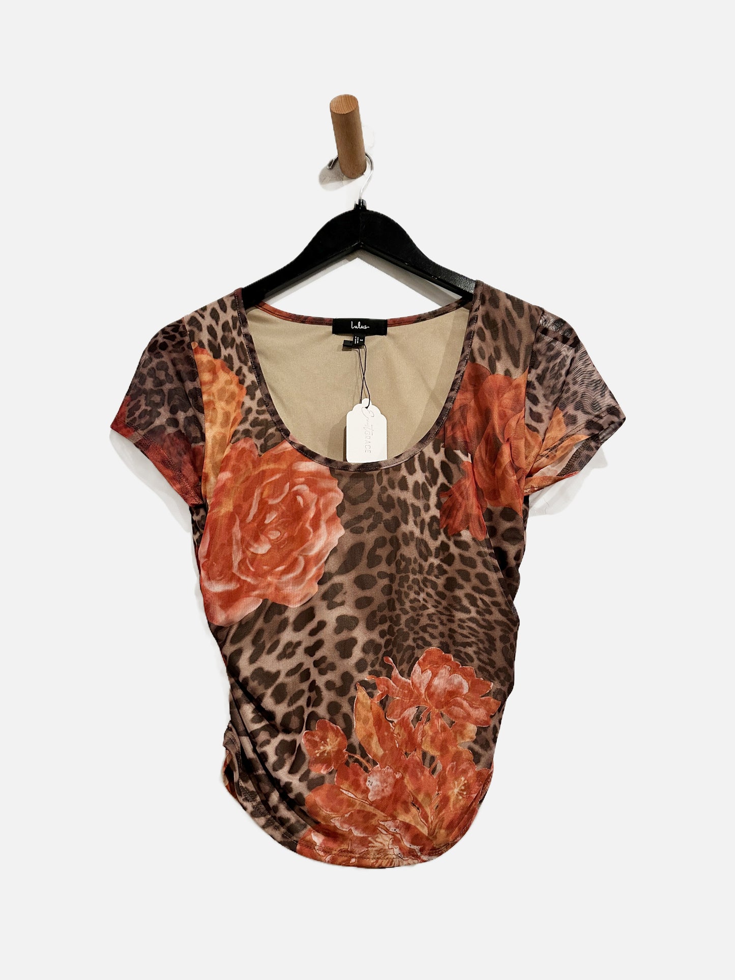 Lulus Adamina Brown Leopard and Floral Print Mesh Short Sleeve Top - Medium