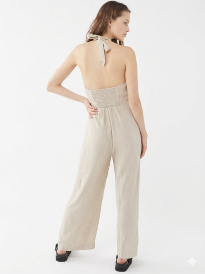 NWT Urban Outfitters Arlo Linen Button-Front Halter Jumpsuit - Small