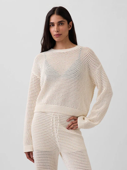Gap Cotton Crochet Relaxed Sweater in Ivory Frost - Large