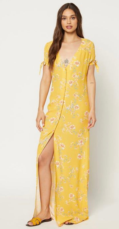 $$ Flynn Skye Yellow Floral Midi Button Down Dress - XS