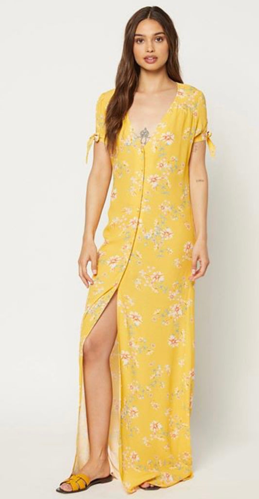 $$ Flynn Skye Yellow Floral Midi Button Down Dress - XS