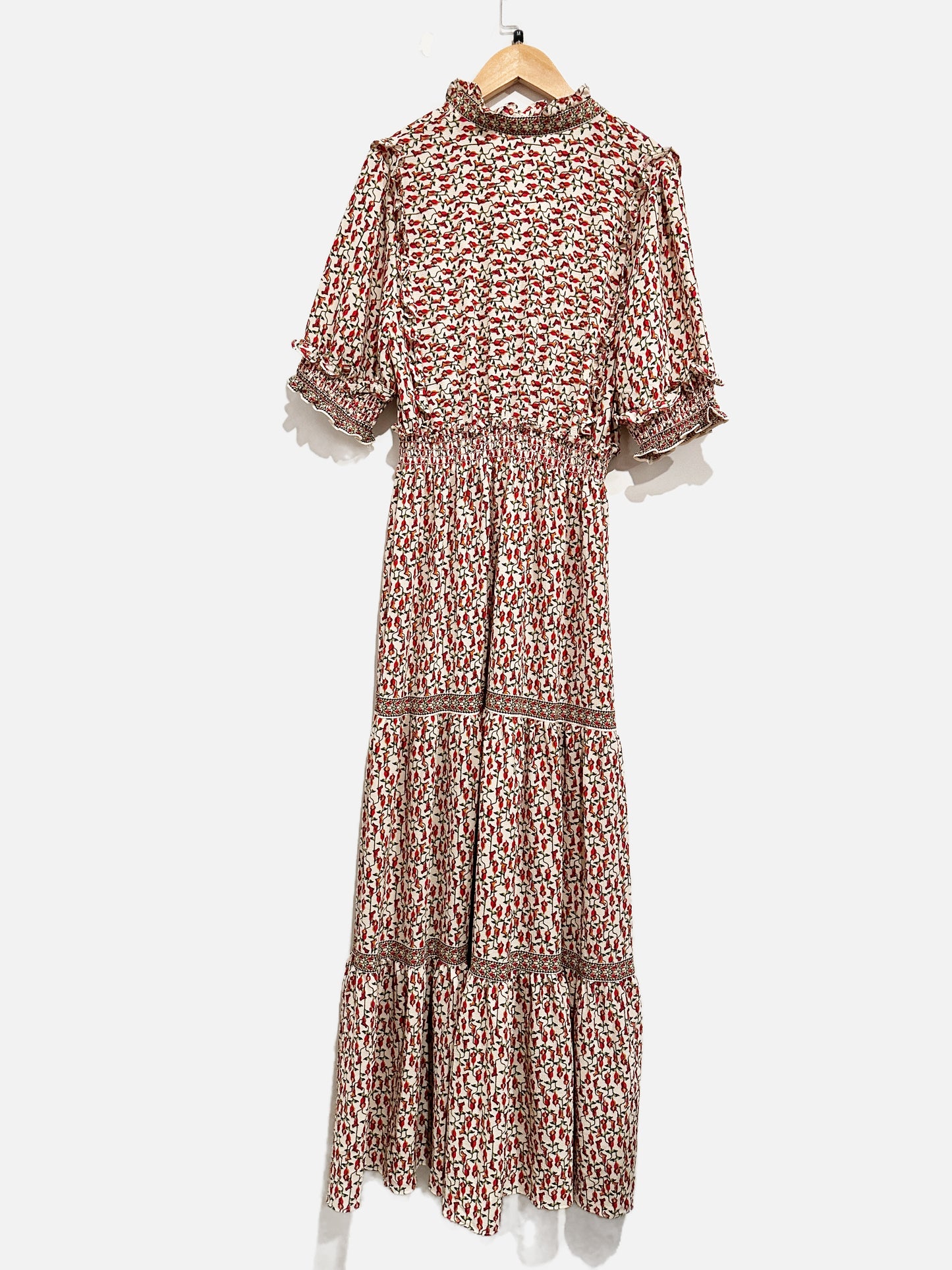Max Studio White w/Red Flower Tiered Maxi Dress - Medium