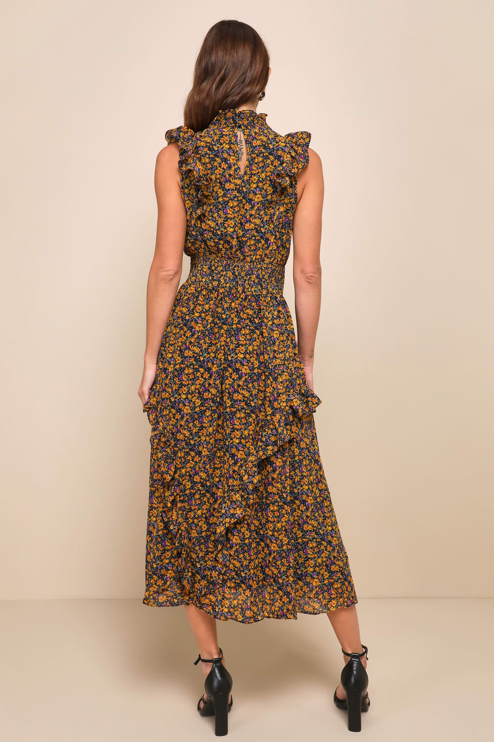 Lulus Evalina Mustard Yellow Floral Print Mock Neck Midi Dress - Medium