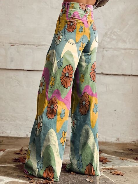 Colorful Floral Wide Leg Jeans - XS