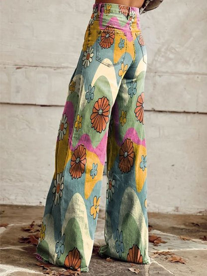 Colorful Floral Wide Leg Jeans - XS