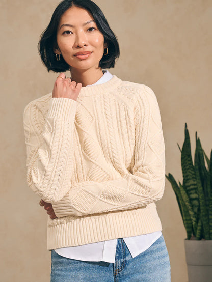 Faherty Sunwashed Cable Crew Sweater in Turtle Dove - XS