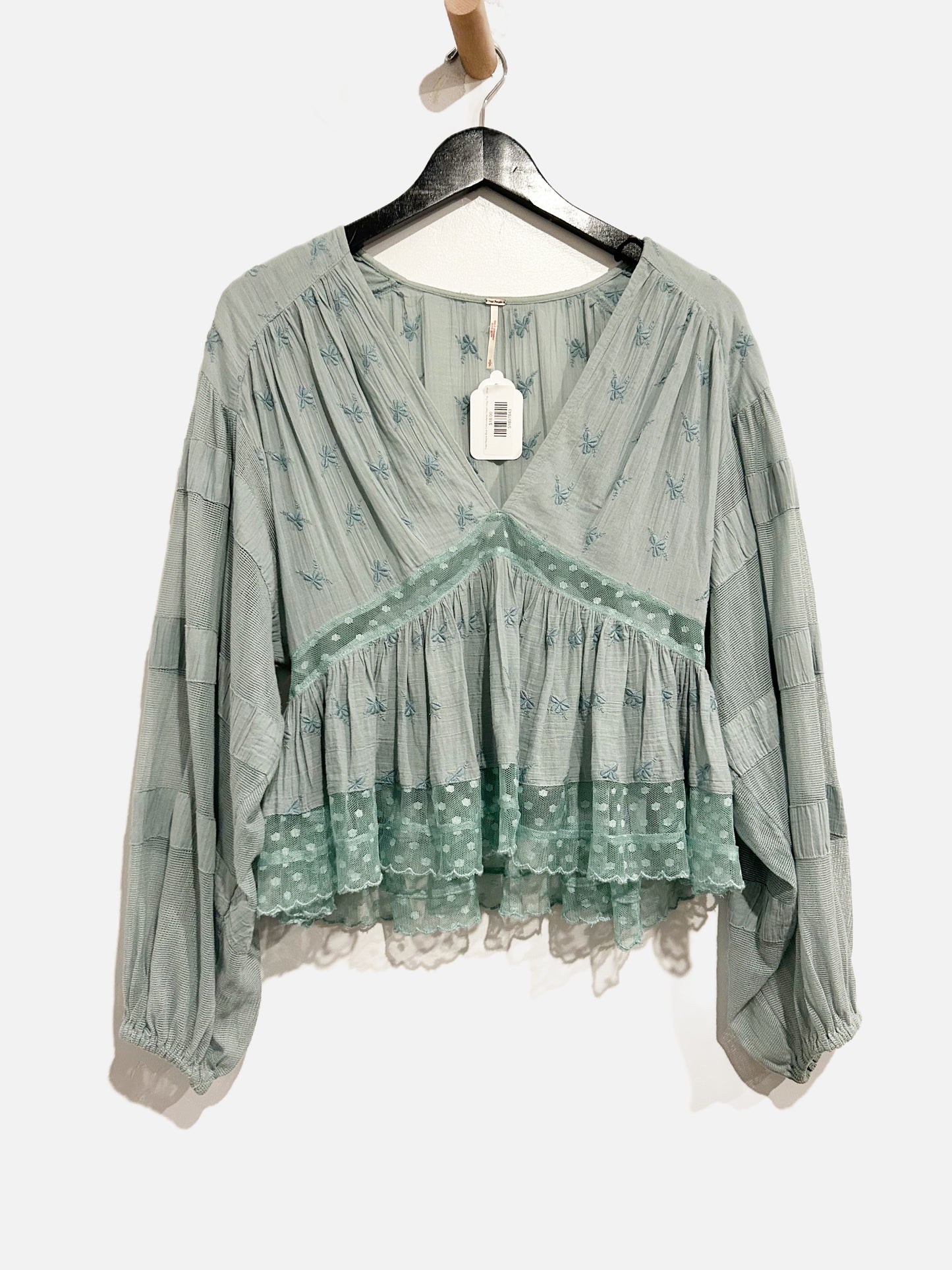 Free People Blue Embroidered Mesh Inlay Top - Small