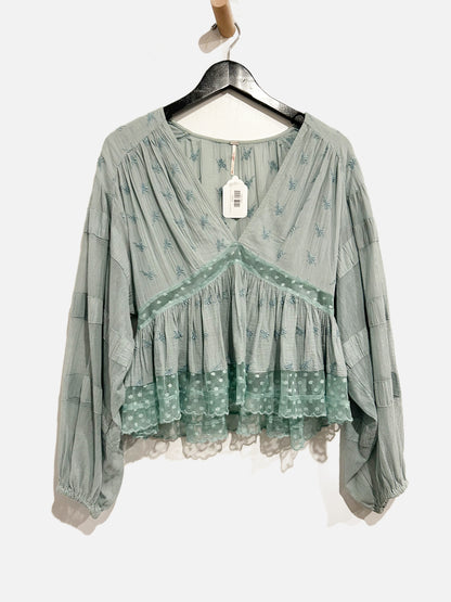 Free People Blue Embroidered Mesh Inlay Top - Small
