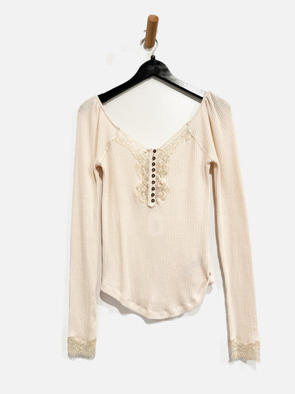 Free People Cream Ribbed Lace LS - Small