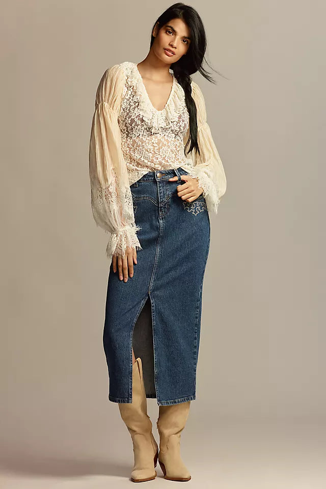 Anthropologie Wide-Sleeve Sheer Lace Top in Ivory - Medium