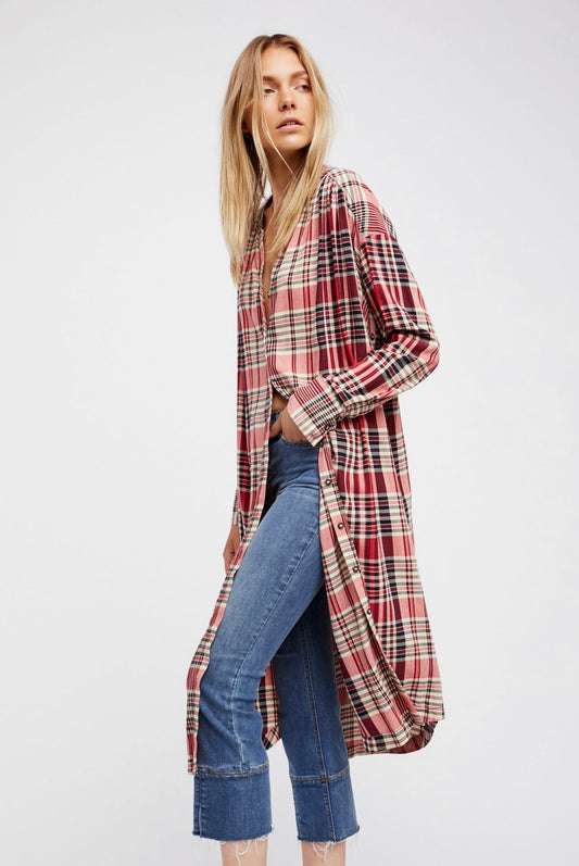 Free People Loralei Plaid Button Down Tunic Dress - Small