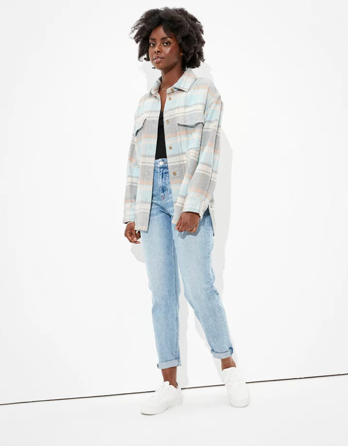 American Eagle Oversize Plaid Shirt Jacket in Blue - Large