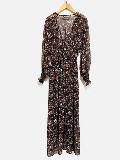 Zara Black Floral Smocked Midi Dress - XS
