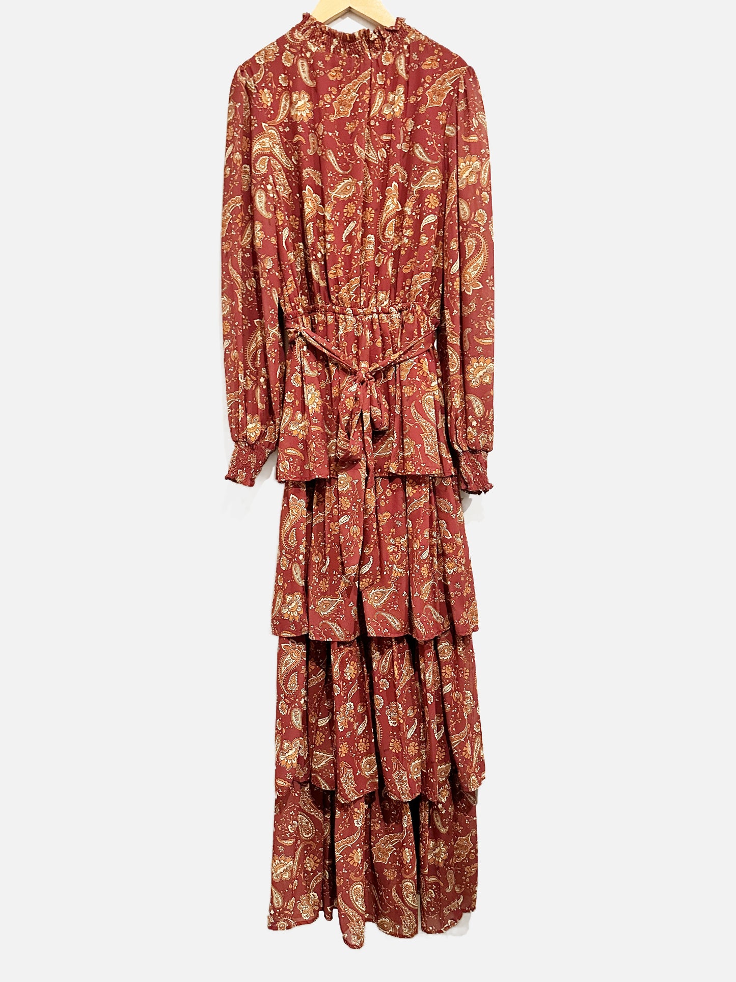 Flying Tomato Maroon and Yellow Paisley Ruffle Tiered Maxi Dress - Medium