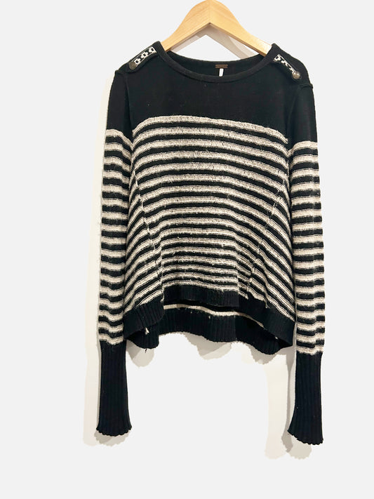 Free People Black & Gray Striped Sweater - Small