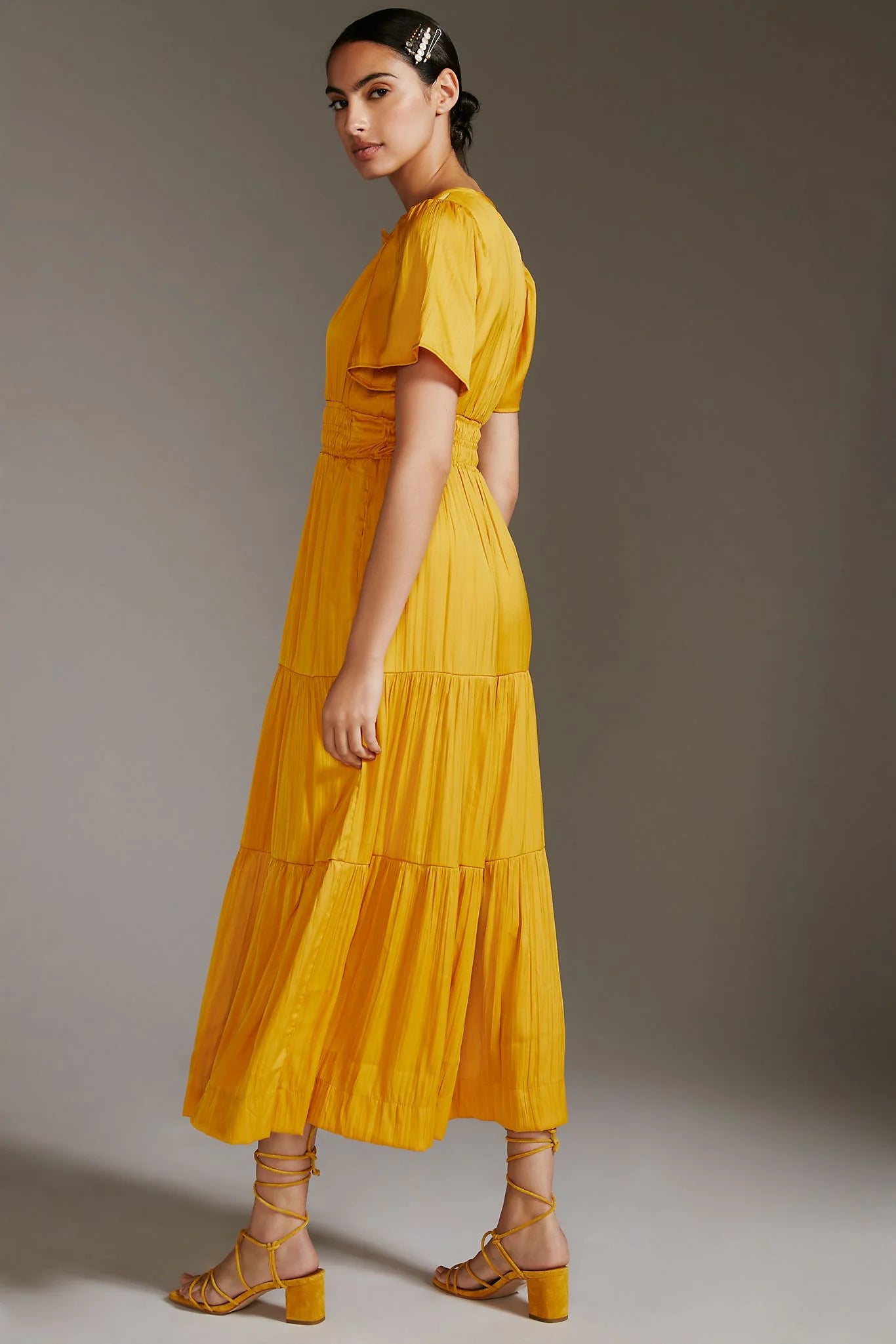 Anthropologie The Somerset Satin Maxi Dress in Mango - Large