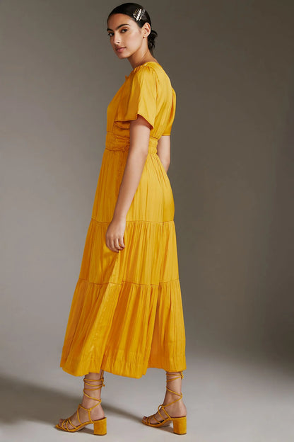 Anthropologie The Somerset Satin Maxi Dress in Mango - Large