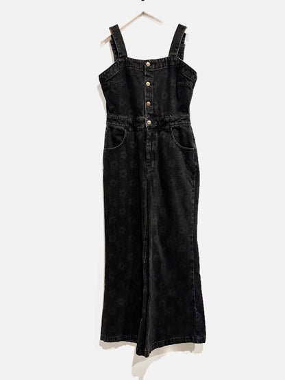 Afends Black Floral Denim Overalls - Large