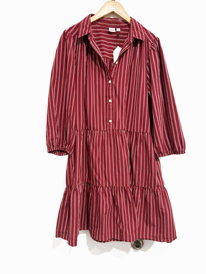 Gap Tiered Poplin Puff Sleeve Mini Dress in Burgundy Stripe - Large