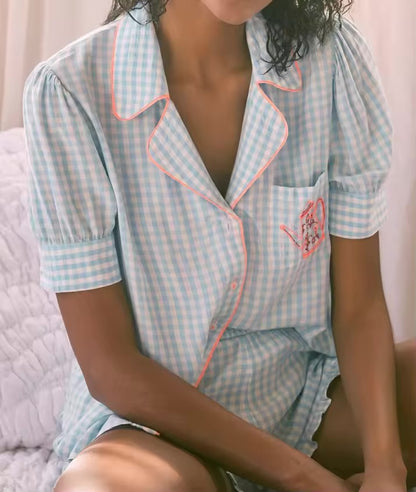 Anthropologie Blue and White Gingham Embroidered Teapot SS Button Down - Small