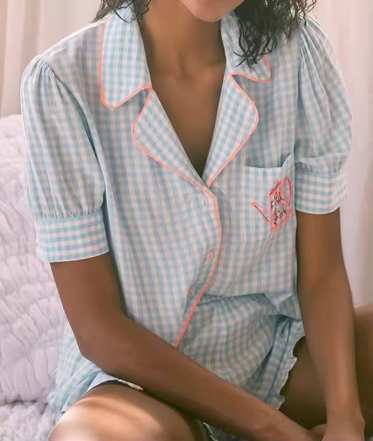 Anthropologie Blue and White Gingham Embroidered Teapot SS Button Down - Small