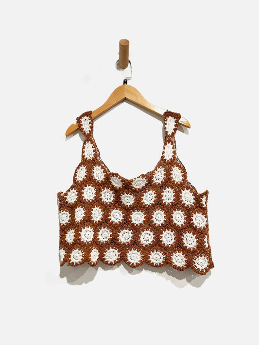 Romwe Brown and White Crochet Tank - Medium