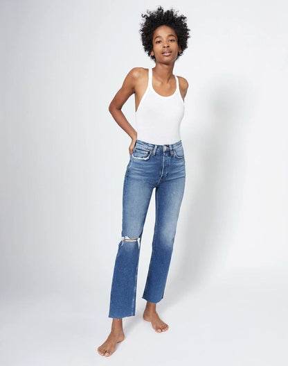 Re/Done Ultra High Rise Stove Pipe Jeans in Vintage Indigo Destroy - 26