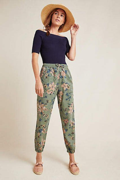 Anthropologie Green Floral Joggers - Medium