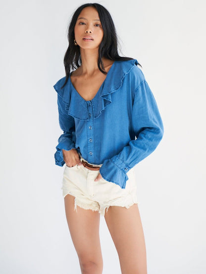 Free People Amber Ruffle Top in Blue - Medium