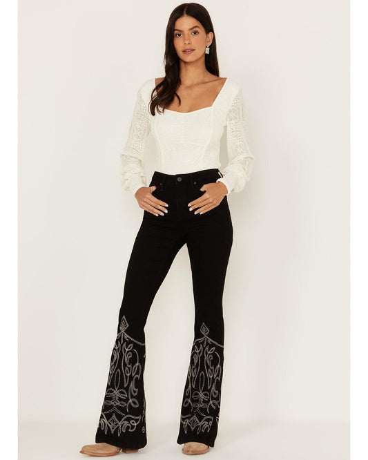 Idyllwind Black Embroidered Flare Jeans - 8