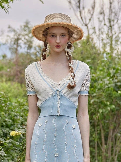 Lacemade Collection Cream and Blue SS Cardigan - Larqe