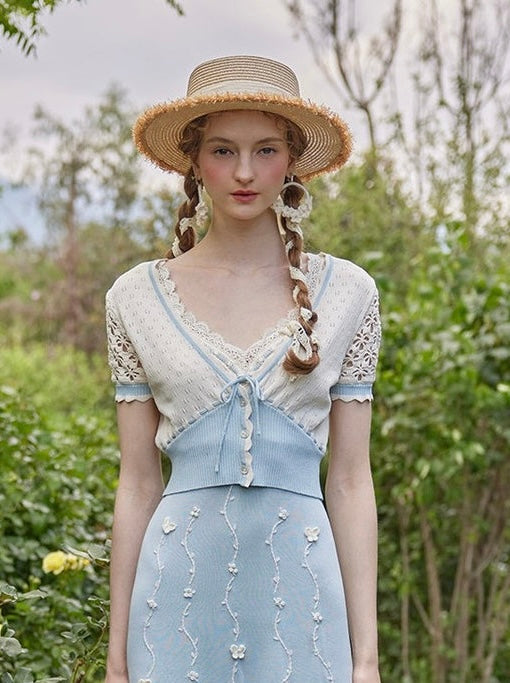 Lacemade Collection Cream and Blue SS Cardigan - Larqe