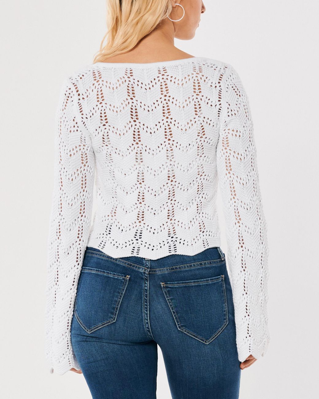 Hollister White Crochet Bell Sleeve Sweater - Small