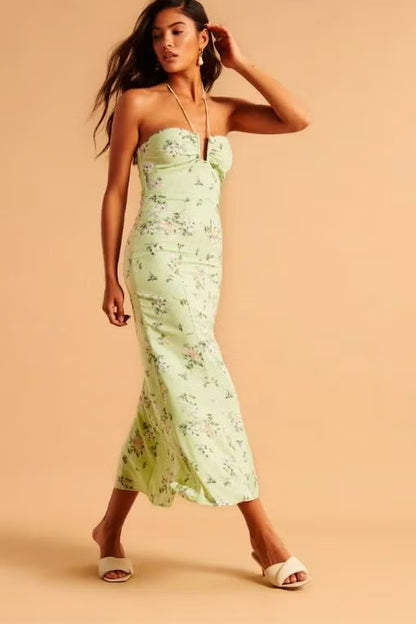 Abercrombie & Fitch Green Floral Halter Midi Dress - Small