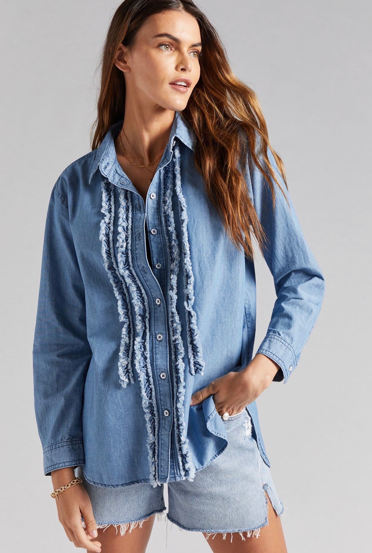 Anthropologie Pilcro Ruffled Denim Button Down - XS