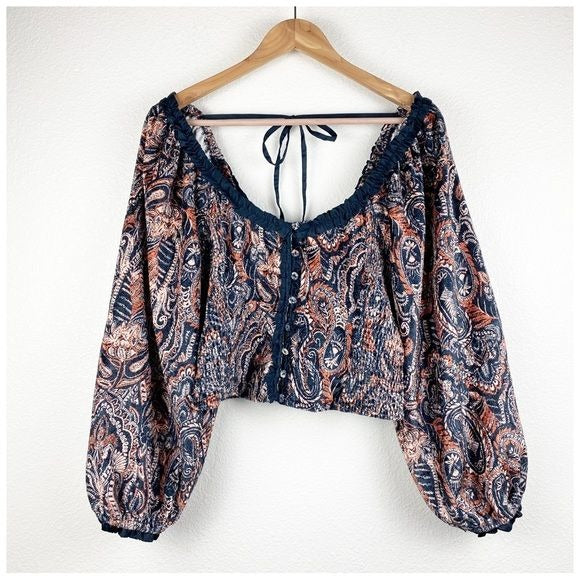 Free People Dare Me Paisley Velvet Blouse Size Large