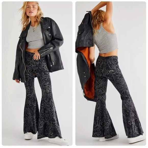 Free People Just Float On Printed Flare Jeans Black Paisley Discharge Sz 24