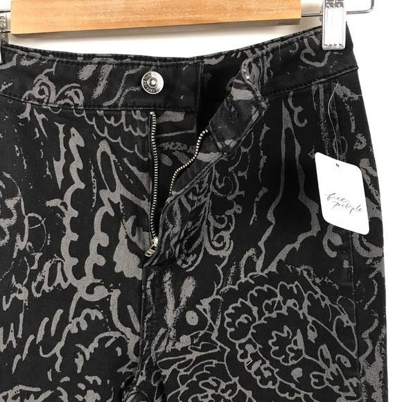 Free People Just Float On Printed Flare Jeans Black Paisley Discharge Sz 24
