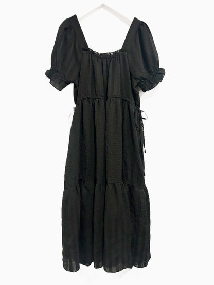 Madewell Square-Neck Tiered Midi Dress in Textured Seersucker True Black - Medium
