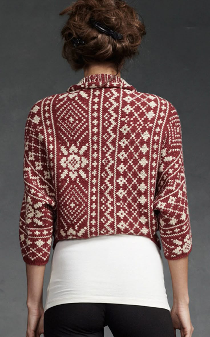 Cabi Fair Isle Shrug Cardigan in Maroon - Small