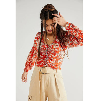 Free People Say the Word Ruched Floral V-Neck - XS