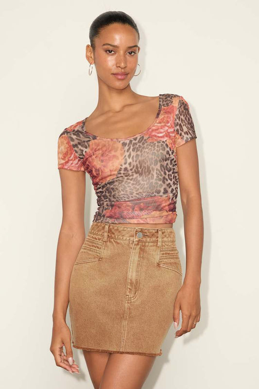 Lulus Adamina Brown Leopard and Floral Print Mesh Short Sleeve Top - Medium