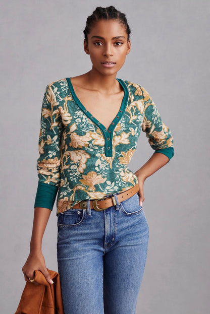 Anthropologie Pilcro Green Pattern Waffle Henley Top - Small
